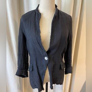 Faded Navy Blue Linen blazer with sequin star elbow patches & frayed edges.